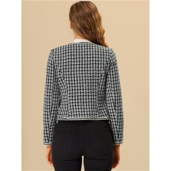 COPY - Women's Plaid Tweed Blazer: Long Sleeve Open Front Office Jacket - Picture 4 of 7
